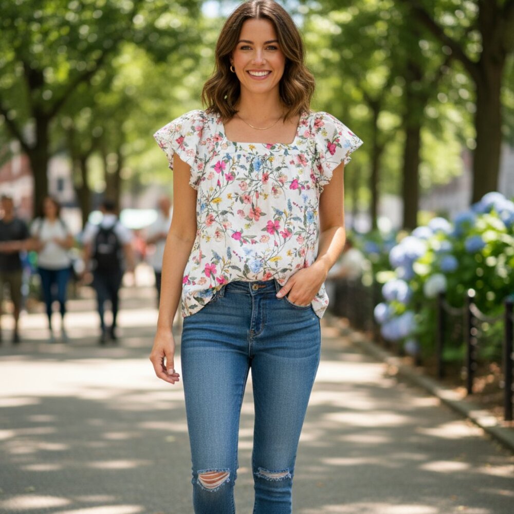 St Johns Bay womens White Floral blouse top short sleeve size S NWT